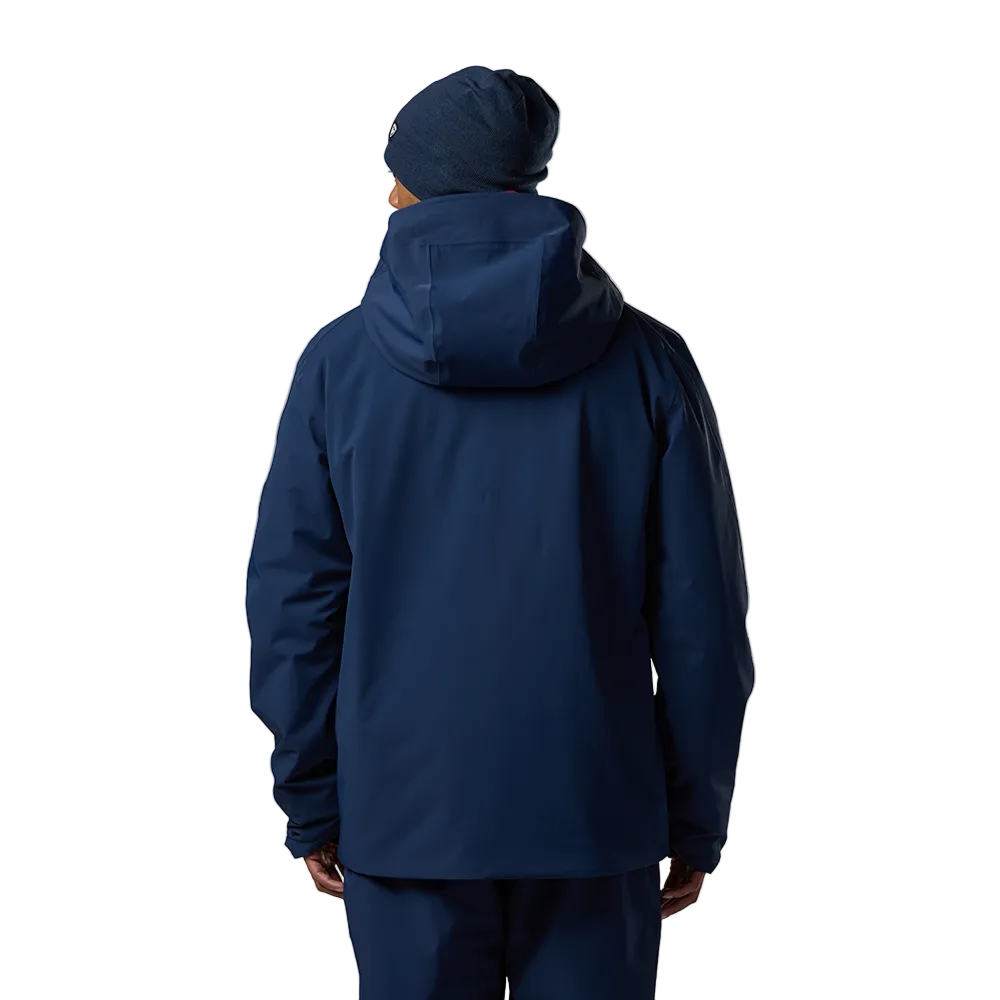 Front view of a dark navy Rossignol Men’s 4WS Blackside Insulated Jacket featuring four-way stretch waterproof membrane fabric, synthetic insulation, helmet-compatible hood, and underarm pit vents.