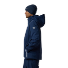 Side view of a dark navy Rossignol Men’s 4WS Blackside Insulated Jacket featuring four-way stretch waterproof membrane fabric, synthetic insulation, helmet-compatible hood, and underarm pit vents.