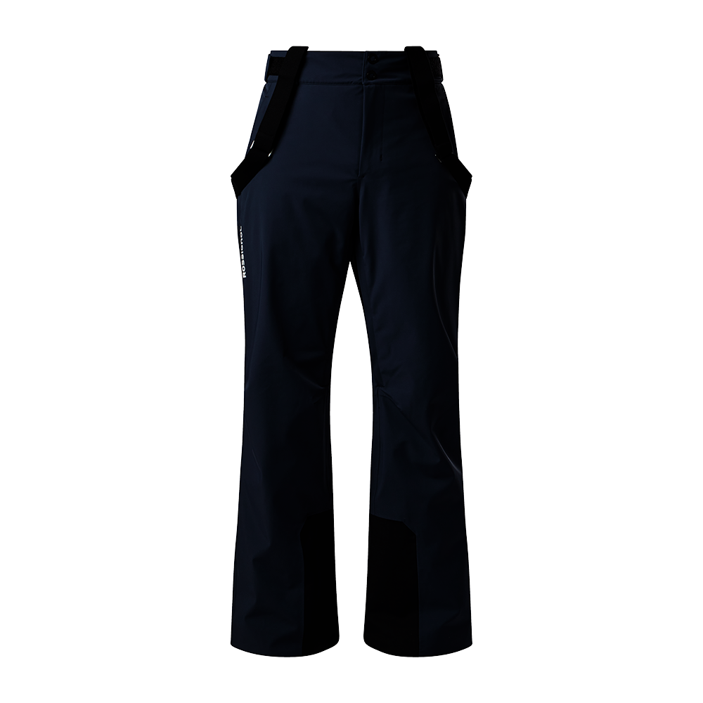 Front view of black Rossignol Men’s 4WS Blackside Insulated Pants featuring four-way stretch waterproof membrane fabric, synthetic insulation, adjustable waist tabs, zippered leg vents, integrated boot gaiters, and reinforced hem scuff guards.