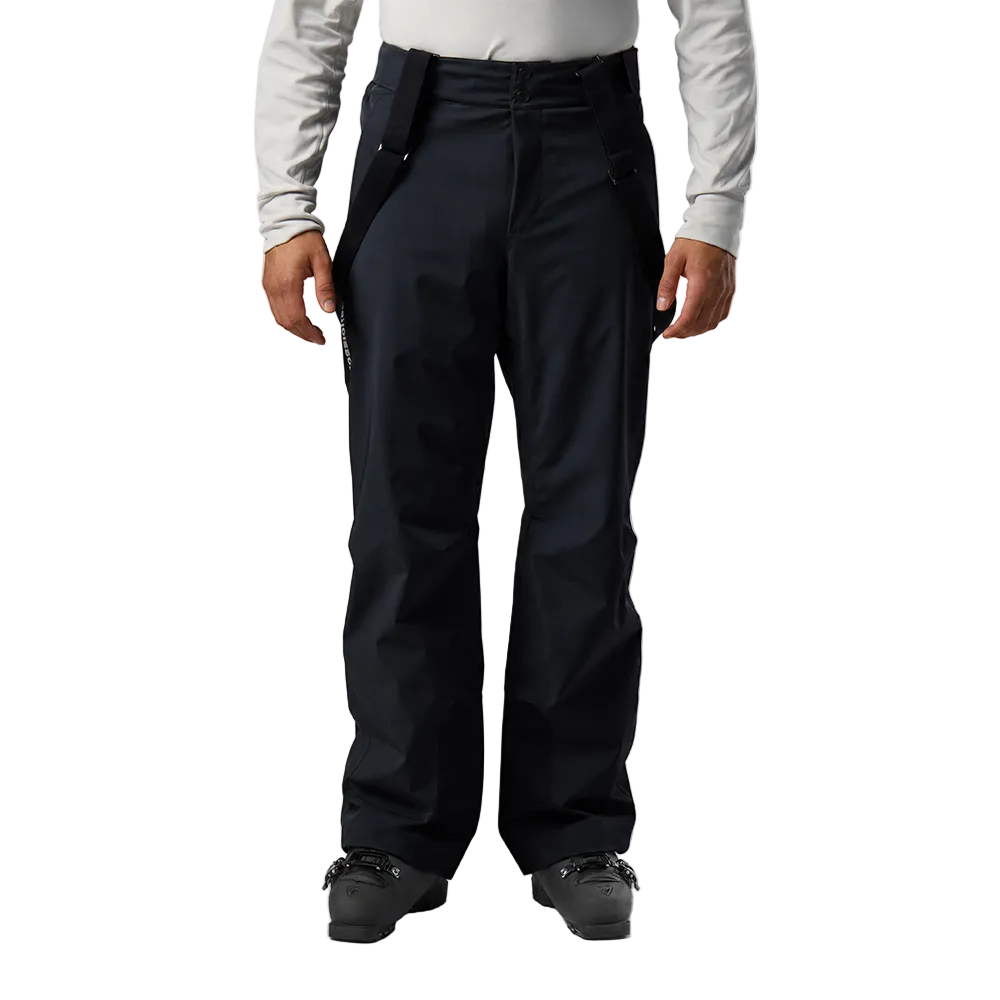 Front view of black Rossignol Men’s 4WS Blackside Insulated Pants featuring four-way stretch waterproof membrane fabric, synthetic insulation, adjustable waist tabs, zippered leg vents, integrated boot gaiters, and reinforced hem scuff guards.