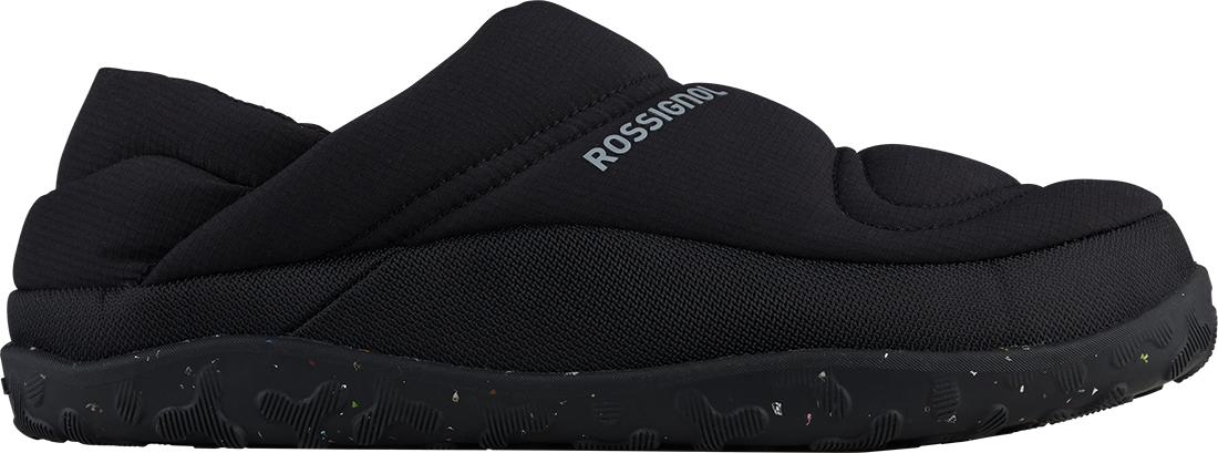 Front view of a black Rossignol Men’s Chalet Shoes featuring a water-resistant insulated upper, slip-on design with heel pull tab, cushioned EVA midsole, and high-grip rubber outsole.