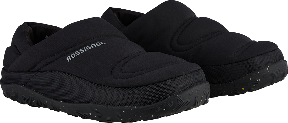 Side view of a black Rossignol Men’s Chalet Shoes featuring a water-resistant insulated upper, slip-on design with heel pull tab, cushioned EVA midsole, and high-grip rubber outsole.