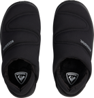 Top view of a black Rossignol Men’s Chalet Shoes featuring a water-resistant insulated upper, slip-on design with heel pull tab, cushioned EVA midsole, and high-grip rubber outsole.