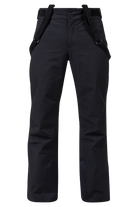 Front view of black Rossignol Men’s Insulated Ski Pants featuring waterproof membrane fabric, synthetic insulation, adjustable waist tabs, integrated boot gaiters, and reinforced hem scuff guards.