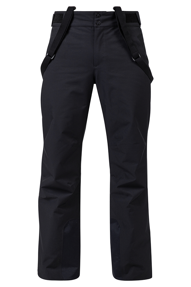 Front view of black Rossignol Men’s Insulated Ski Pants featuring waterproof membrane fabric, synthetic insulation, adjustable waist tabs, integrated boot gaiters, and reinforced hem scuff guards.