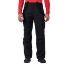 Front view of black Rossignol Men’s Insulated Ski Pants featuring waterproof membrane fabric, synthetic insulation, adjustable waist tabs, integrated boot gaiters, and reinforced hem scuff guards.