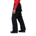 Side view of black Rossignol Men’s Insulated Ski Pants featuring waterproof membrane fabric, synthetic insulation, adjustable waist tabs, integrated boot gaiters, and reinforced hem scuff guards.