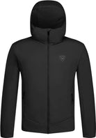A black Rossignol Men's Opside Hoodie Jacket that is water-resistant, stretchable, breathable, and insulated.