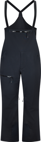 Front view of black Rossignol Men’s Outerlimits Insulated Bib Pants featuring high-chest bib construction, waterproof membrane fabric, adjustable shoulder suspenders, zippered thigh vents, integrated boot gaiters, and reinforced hem scuff guards.