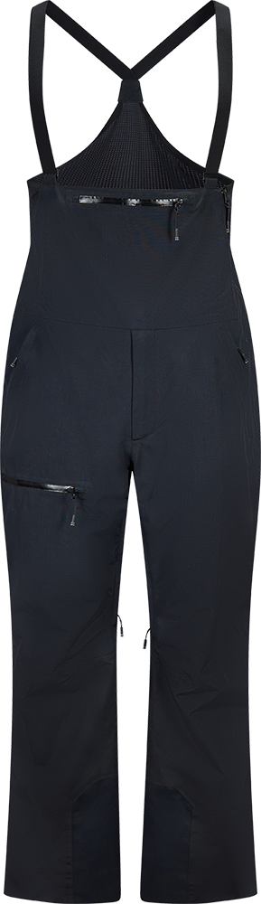 Front view of black Rossignol Men’s Outerlimits Insulated Bib Pants featuring high-chest bib construction, waterproof membrane fabric, adjustable shoulder suspenders, zippered thigh vents, integrated boot gaiters, and reinforced hem scuff guards.
