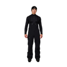 Front view of black Rossignol Men’s Outerlimits Insulated Bib Pants featuring high-chest bib construction, waterproof membrane fabric, adjustable shoulder suspenders, zippered thigh vents, integrated boot gaiters, and reinforced hem scuff guards.