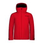 Front view of a red Rossignol Men’s Rochrun Insulated Jacket featuring waterproof membrane fabric, synthetic insulation, helmet-compatible hood, and zippered underarm pit vents.