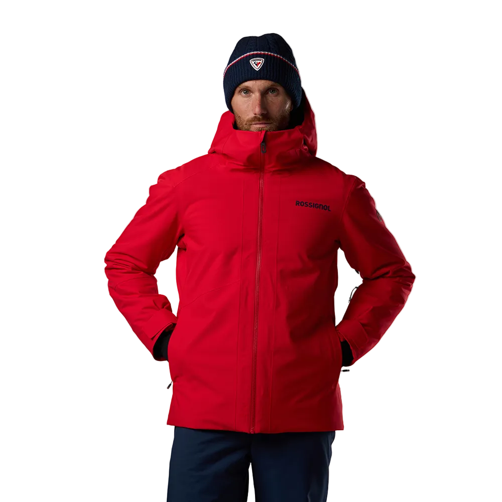 Front view of a red Rossignol Men’s Rochrun Insulated Jacket featuring waterproof membrane fabric, synthetic insulation, helmet-compatible hood, and zippered underarm pit vents.