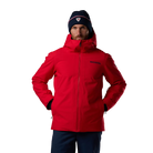 Front view of a red Rossignol Men’s Rochrun Insulated Jacket featuring waterproof membrane fabric, synthetic insulation, helmet-compatible hood, and zippered underarm pit vents.