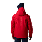Rear view of a red Rossignol Men’s Rochrun Insulated Jacket featuring waterproof membrane fabric, synthetic insulation, helmet-compatible hood, and zippered underarm pit vents.