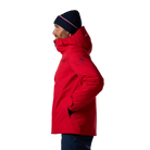 Side view of a red Rossignol Men’s Rochrun Insulated Jacket featuring waterproof membrane fabric, synthetic insulation, helmet-compatible hood, and zippered underarm pit vents.