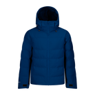 Front view of a navy blue Rossignol Men’s Sizle Insulated Jacket featuring waterproof membrane fabric, synthetic insulation, adjustable hood, and underarm pit vents.