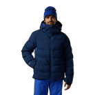 Front view of a navy blue Rossignol Men’s Sizle Insulated Jacket featuring waterproof membrane fabric, synthetic insulation, adjustable hood, and underarm pit vents.