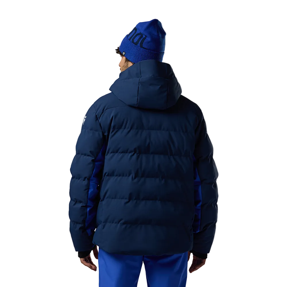 Rear view of a navy blue Rossignol Men’s Sizle Insulated Jacket featuring waterproof membrane fabric, synthetic insulation, adjustable hood, and underarm pit vents.