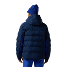 Rear view of a navy blue Rossignol Men’s Sizle Insulated Jacket featuring waterproof membrane fabric, synthetic insulation, adjustable hood, and underarm pit vents.