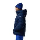 Side view of a navy blue Rossignol Men’s Sizle Insulated Jacket featuring waterproof membrane fabric, synthetic insulation, adjustable hood, and underarm pit vents.