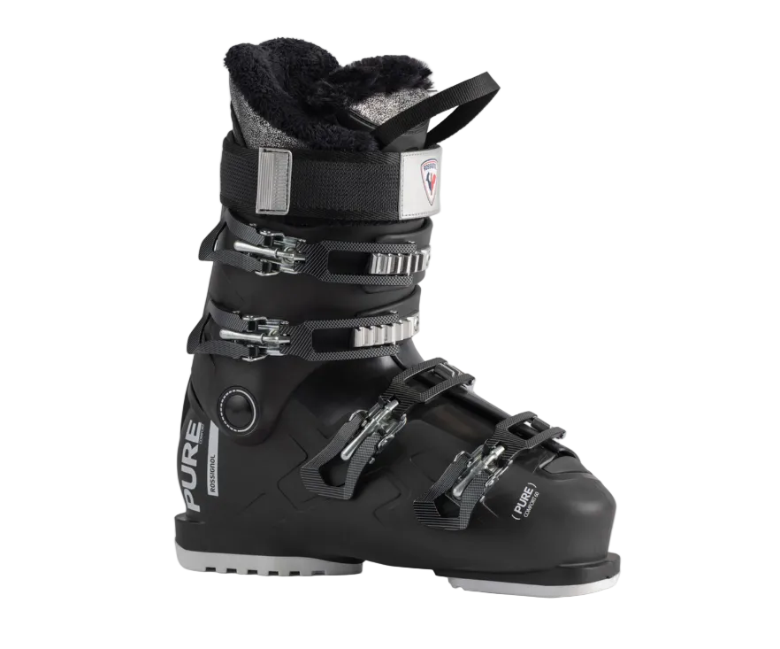 A black Rossignol Pure Comfort 60 women's ski boot that is built with a sturdy construction and wide 104mm high-volume last.