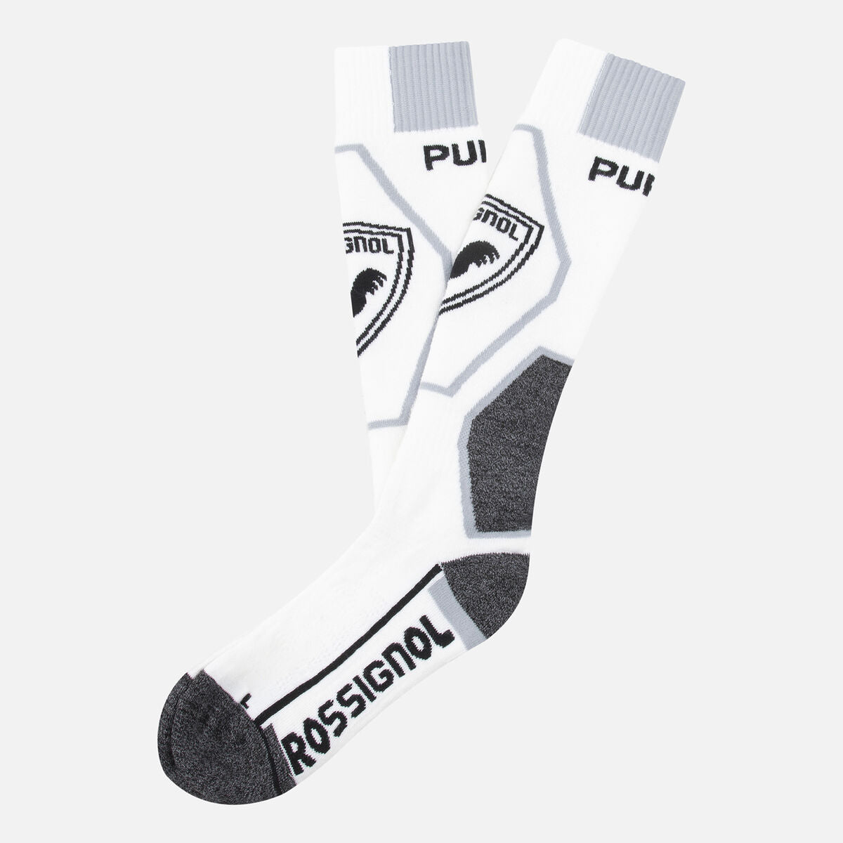 A pair of white and grey Rossignol Pure Comfort Ski Socks that are made from a merino wool blend.