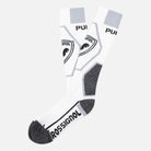A pair of white and grey Rossignol Pure Comfort Ski Socks that are made from a merino wool blend.