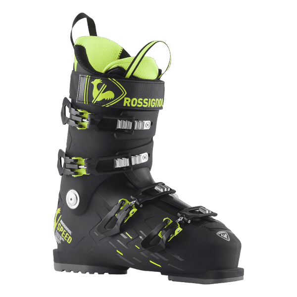 A black and green 2025 Rossignol Speed 100 HV+ Men's ski boot that features a wide 104mm last, lightweight Sensor Matrix shell, adjustable 100 flex, and an easy-entry design.