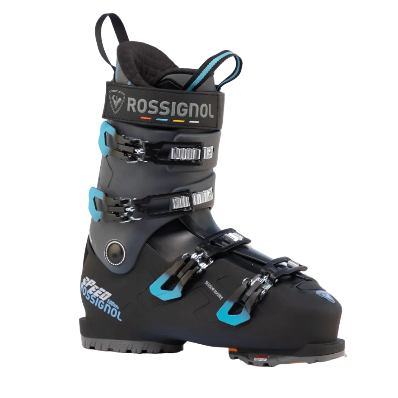 A black and blue 2027 RossignolSpeed HV+ men's ski boot that features a wide 104mm last, lightweight Sensor Matrix shell, adjustable 100 flex, and an easy-entry design.