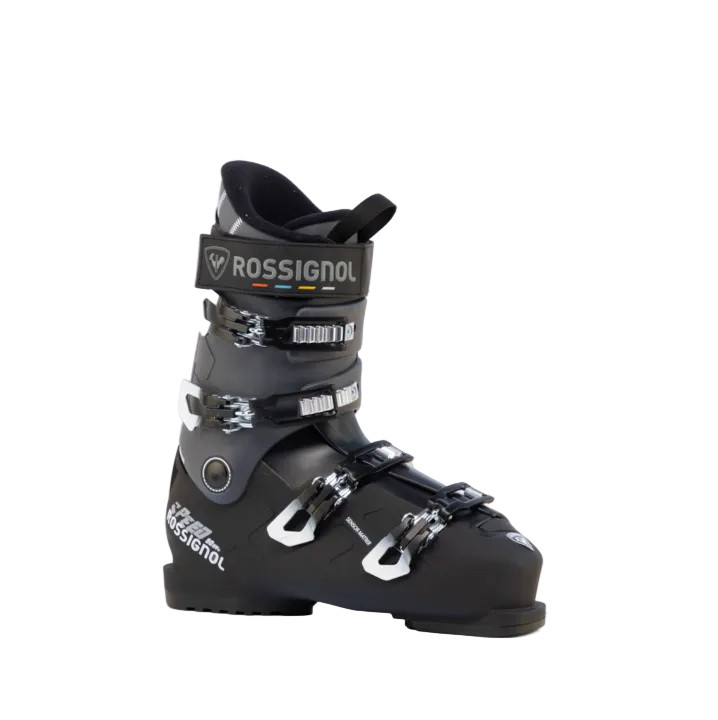 A black and white Rossignol Speed 80 HV+ men's ski boot that features a wide 104mm last and sturdy construction.