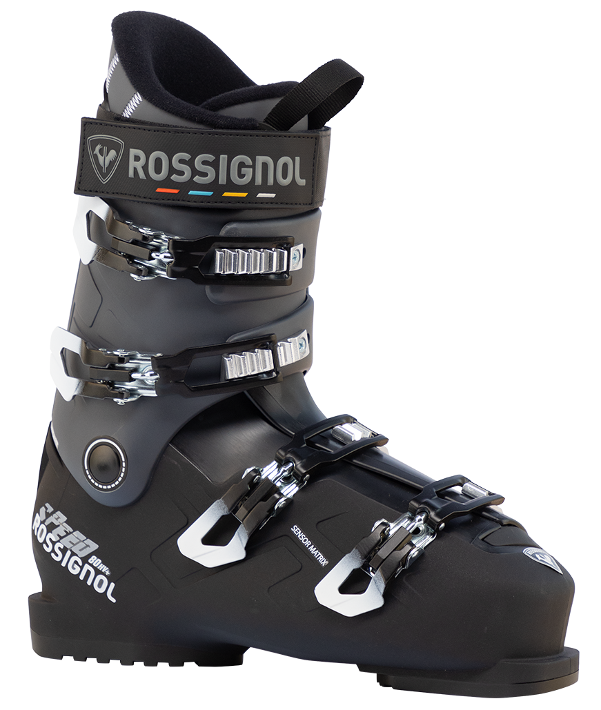 Rossignol Speed 80 HV+ Ski Boots 2027 featuring a high-volume fit, 80 flex, four-buckle closure, and comfortable all-mountain performance.