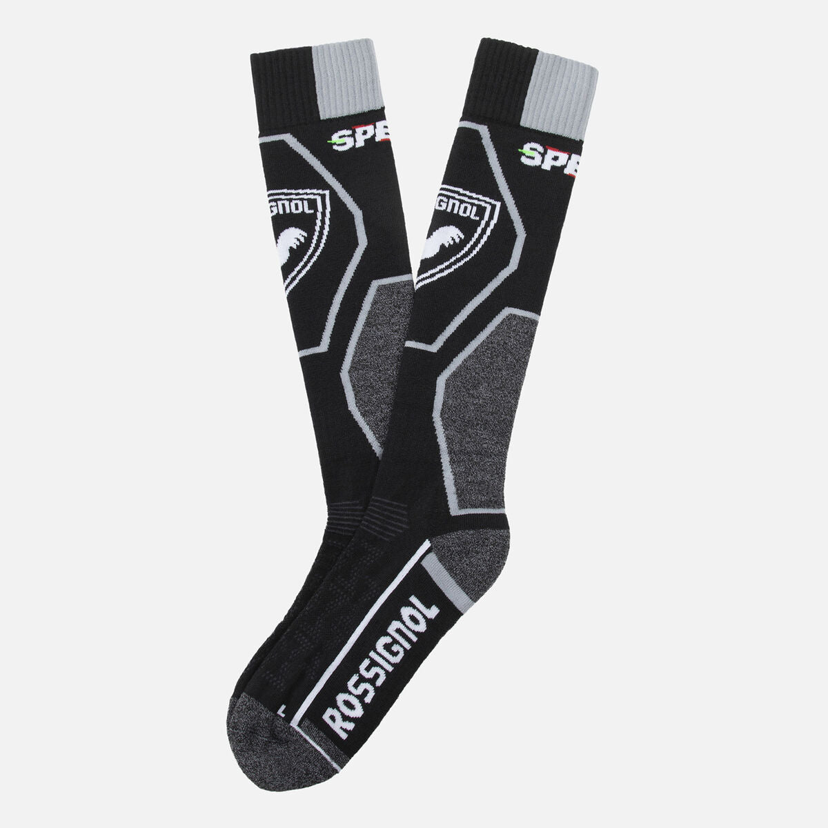 A pair of black and grey Rossignol Speed Comfort Ski Socks that are made from a merino wool blend.