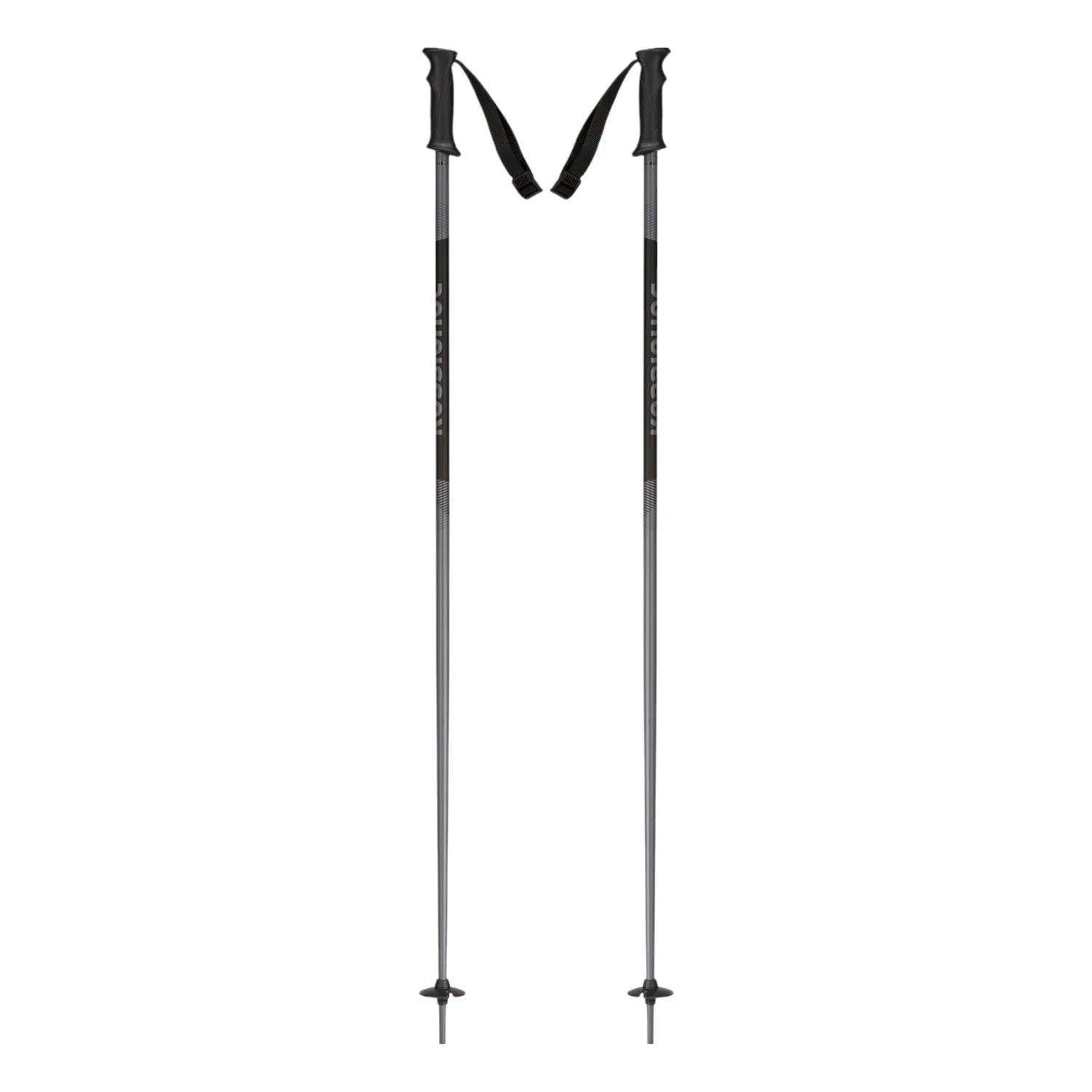 A pair of silver and black Rossignol Tactic Junior Ski Poles that feature a lightweight aluminum shaft designed for kids.