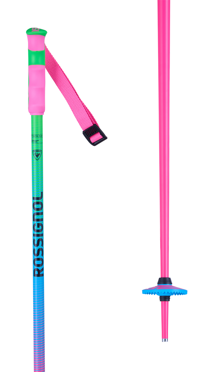 Rossignol Tactic Plus Rainbow Ski Poles featuring lightweight aluminum shafts, ergonomic grips, adjustable straps, and colourful Rainbow graphics.