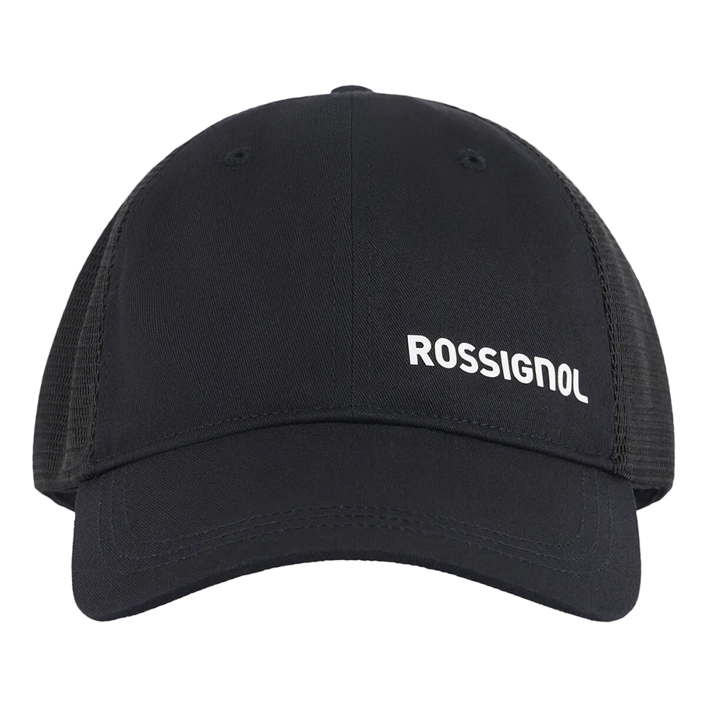 Front view of a black Rossignol Trucker Cap featuring a structured front panel, pre-curved visor, breathable rear mesh panels, and an adjustable snapback closure.