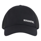 Front view of a black Rossignol Trucker Cap featuring a structured front panel, pre-curved visor, breathable rear mesh panels, and an adjustable snapback closure.