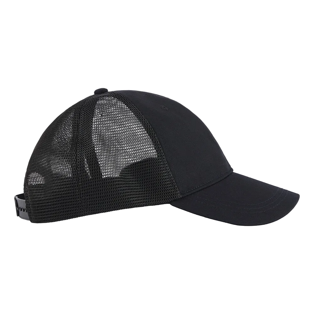 Side view of a black Rossignol Trucker Cap featuring a structured front panel, pre-curved visor, breathable rear mesh panels, and an adjustable snapback closure.