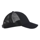 Side view of a black Rossignol Trucker Cap featuring a structured front panel, pre-curved visor, breathable rear mesh panels, and an adjustable snapback closure.