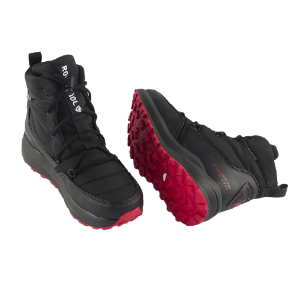 A pair of Rossignol unisex podium black après ski boots with red accents and a rubber outsole.