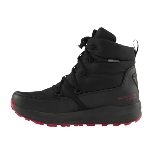 A Rossignol unisex podium black après ski boot with red accents and a rubber outsole.