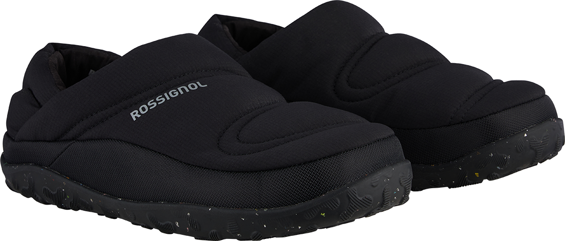 Side view of a black/grey Rossignol Women’s Chalet Shoes featuring a water-resistant insulated upper, slip-on stretch cuff with heel pull tab, cushioned EVA midsole, and high-traction rubber outsole.