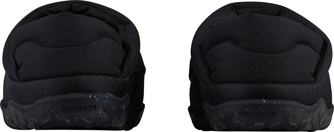 Rear view of a black/grey Rossignol Women’s Chalet Shoes featuring a water-resistant insulated upper, slip-on stretch cuff with heel pull tab, cushioned EVA midsole, and high-traction rubber outsole.