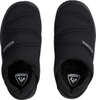 Top view of a black/grey Rossignol Women’s Chalet Shoes featuring a water-resistant insulated upper, slip-on stretch cuff with heel pull tab, cushioned EVA midsole, and high-traction rubber outsole.