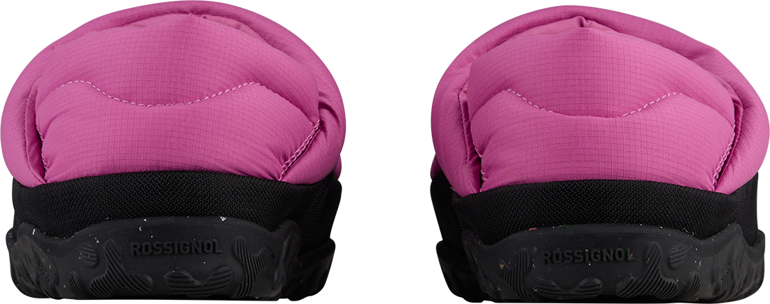 Rear view of a pink Rossignol Women’s Chalet Shoes featuring a water-resistant insulated upper, slip-on stretch cuff with heel pull tab, cushioned EVA midsole, and high-traction rubber outsole.