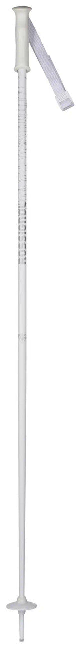 A white and silver Rossignol Electra women's ski pole with an aluminum shaft and a vibration-dampening grip.