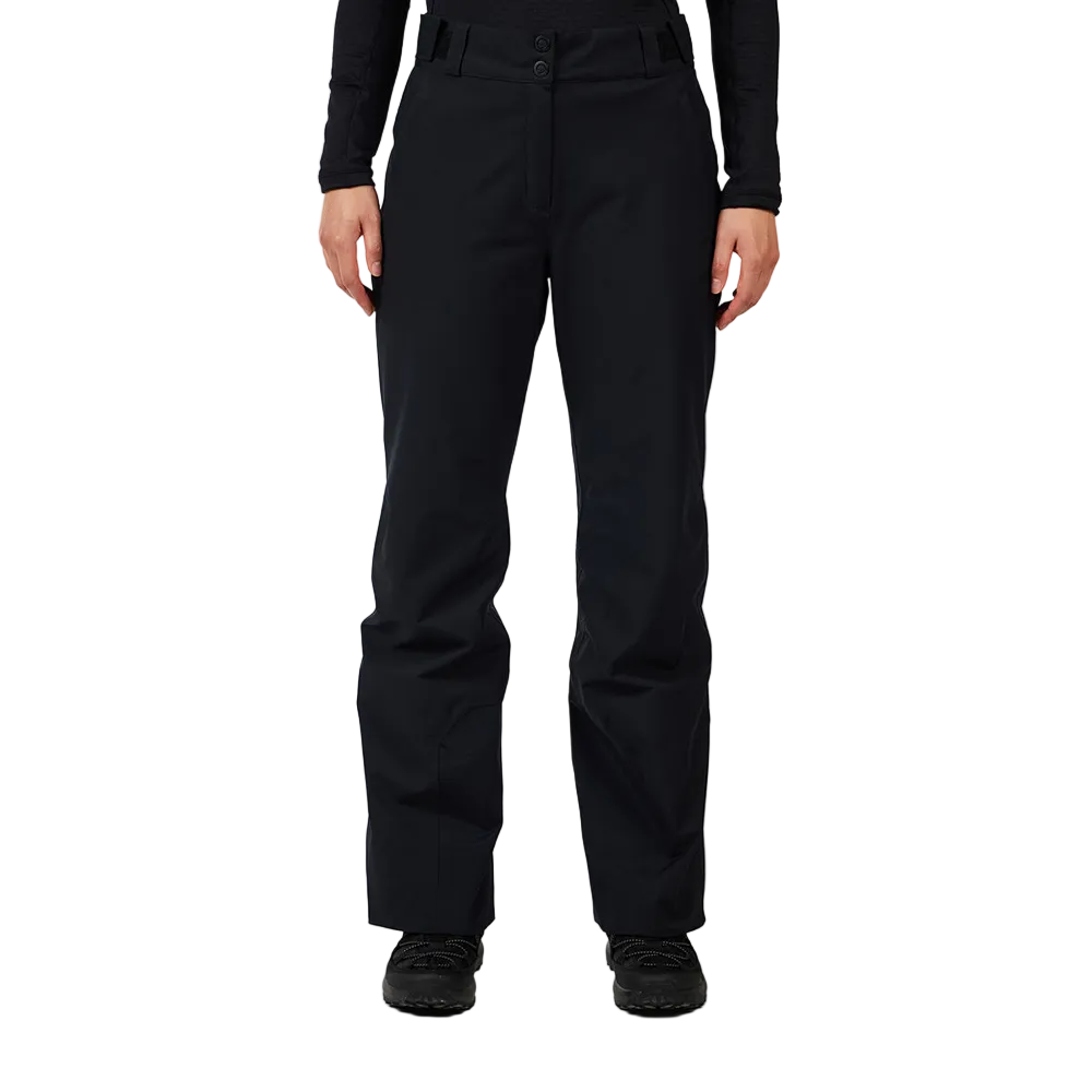 Front view of black Rossignol Women’s Insulated Ski Pants featuring waterproof membrane fabric, synthetic insulation, adjustable waist tabs, integrated boot gaiters, and reinforced hem scuff guards.