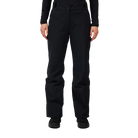 Front view of black Rossignol Women’s Insulated Ski Pants featuring waterproof membrane fabric, synthetic insulation, adjustable waist tabs, integrated boot gaiters, and reinforced hem scuff guards.