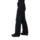 Side view of black Rossignol Women’s Insulated Ski Pants featuring waterproof membrane fabric, synthetic insulation, adjustable waist tabs, integrated boot gaiters, and reinforced hem scuff guards.