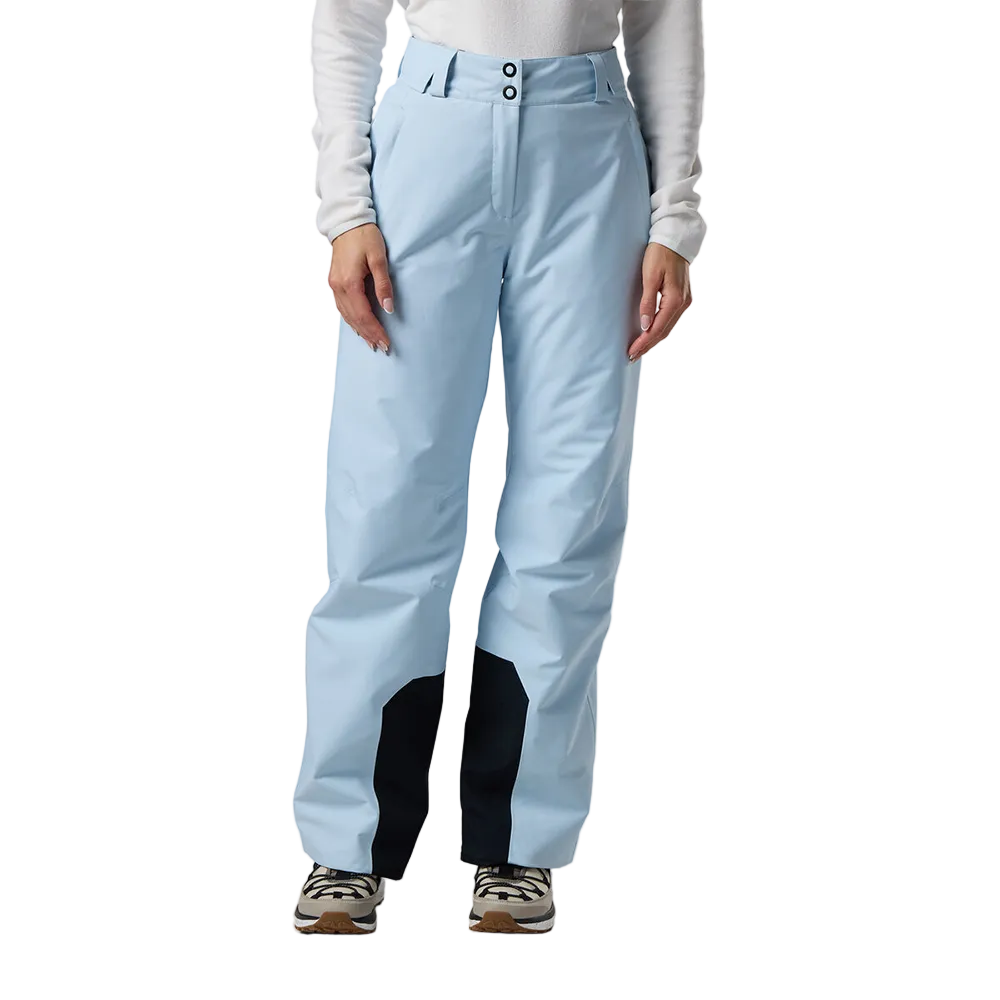 Front view of blue aura Rossignol Women’s Insulated Ski Pants featuring waterproof membrane fabric, synthetic insulation, adjustable waist tabs, integrated boot gaiters, and reinforced hem scuff guards.